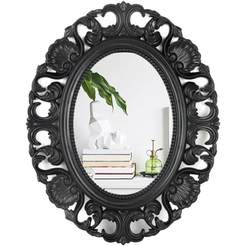 Oval Baroque Wall Mirror Chic Black 54x44cm