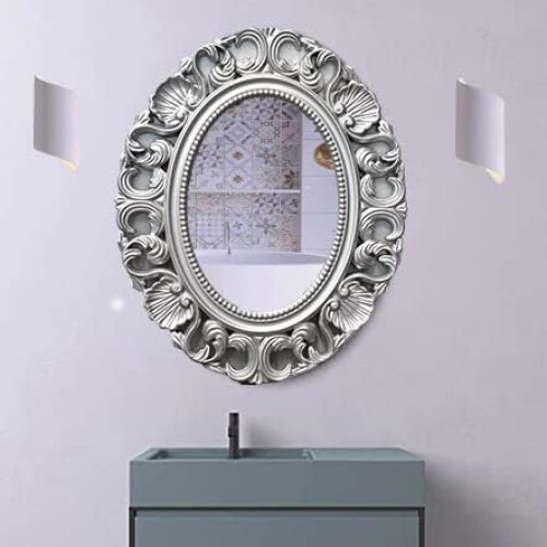 Oval Baroque Wall Mirror Chic Silver 54x44cm
