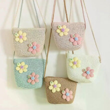 Girl Zipper Flower Straw Bag Cute Photo Props Handmade Woven Kid Messenger Bags Storage Basket Coin