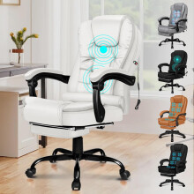(White, 2-Point Massage) Office Chair with 8-point Massage Seat Heated, PC Desk Gaming Chair with Armrests Footrest High Back 150 Recliner Tilt Padded Swivel PU Leather