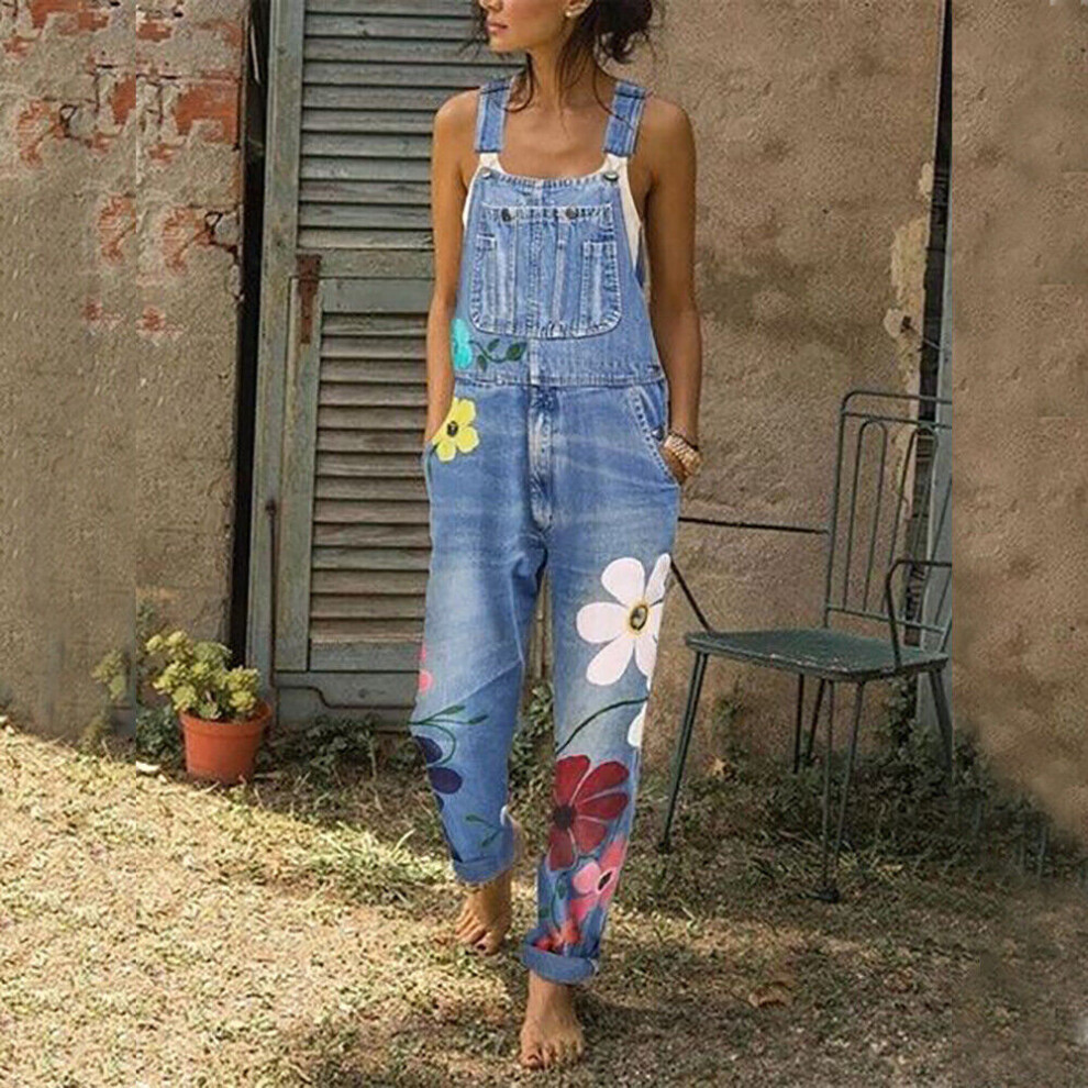 (LightBlue, L) Denim Jumpsuit Women Rompers Ladies Dungarees Overalls Casual Pants Floral Jeans