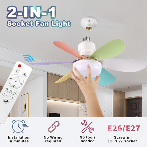 (40W Multi-color 52.07cm) Smart Ceiling Fan with Light, 3-Speed Adjustable, 3-Color Dimmable LED, E26/E27 Base, Remote Control, Super Quiet,