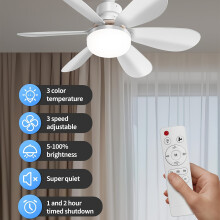 (40W White 52.07cm) Smart Ceiling Fan with Light, 3-Speed Adjustable, 3-Color Dimmable LED, E26/E27 Base, Remote Control, Super Quiet,