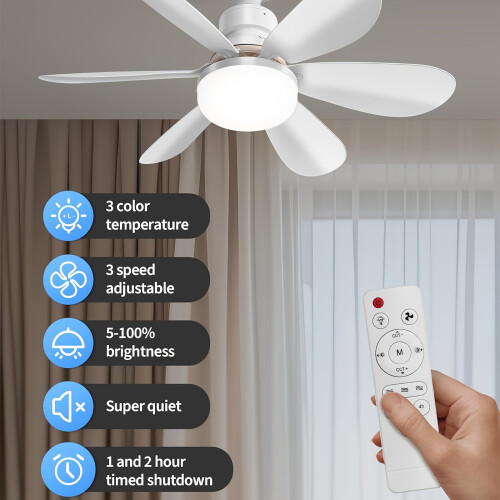 (40W White 52.07cm) Smart Ceiling Fan with Light, 3-Speed Adjustable, 3-Color Dimmable LED, E26/E27 Base, Remote Control, Super Quiet,