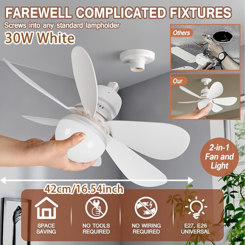 (30W White 41.91cm) Smart Ceiling Fan with Light, 3-Speed Adjustable, 3-Color Dimmable LED, E26/E27 Base, Remote Control, Super Quiet,