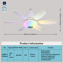 (White) 1pc RGB Rainbow Music Rhythm Speaker Socket LED Fan with Light, 3-Speed Socket Fan Light, Remote Control, Timer, 3 Colors 3000-6500K Dimmable
