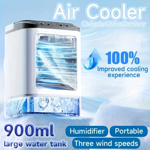 (White (with ice box)) High-Quality Portable Air Cooler with Built-in Ice Box, 3-Speed Wind & Dual Spray Nozzles, 900ml Large Water Tank, USB-Powered Quiet Cooling Fan