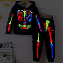 (Black, 6Y) Vibrant Digital Print Boys' Skeleton Hoodie & Sweatpants Set | Long Sleeve, Regular Fit, Perfect for Fall/Winter Casual Wear