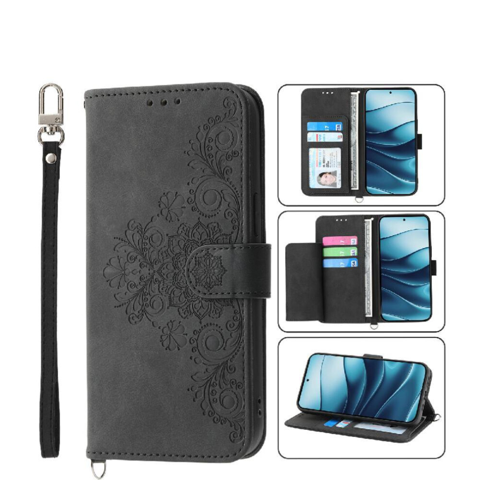 (Black) Flip Case For Xiaomi Redmi Note 14 4G Shockproof Embossed Multiple Credit Card Slots Wristband Black 764563595365