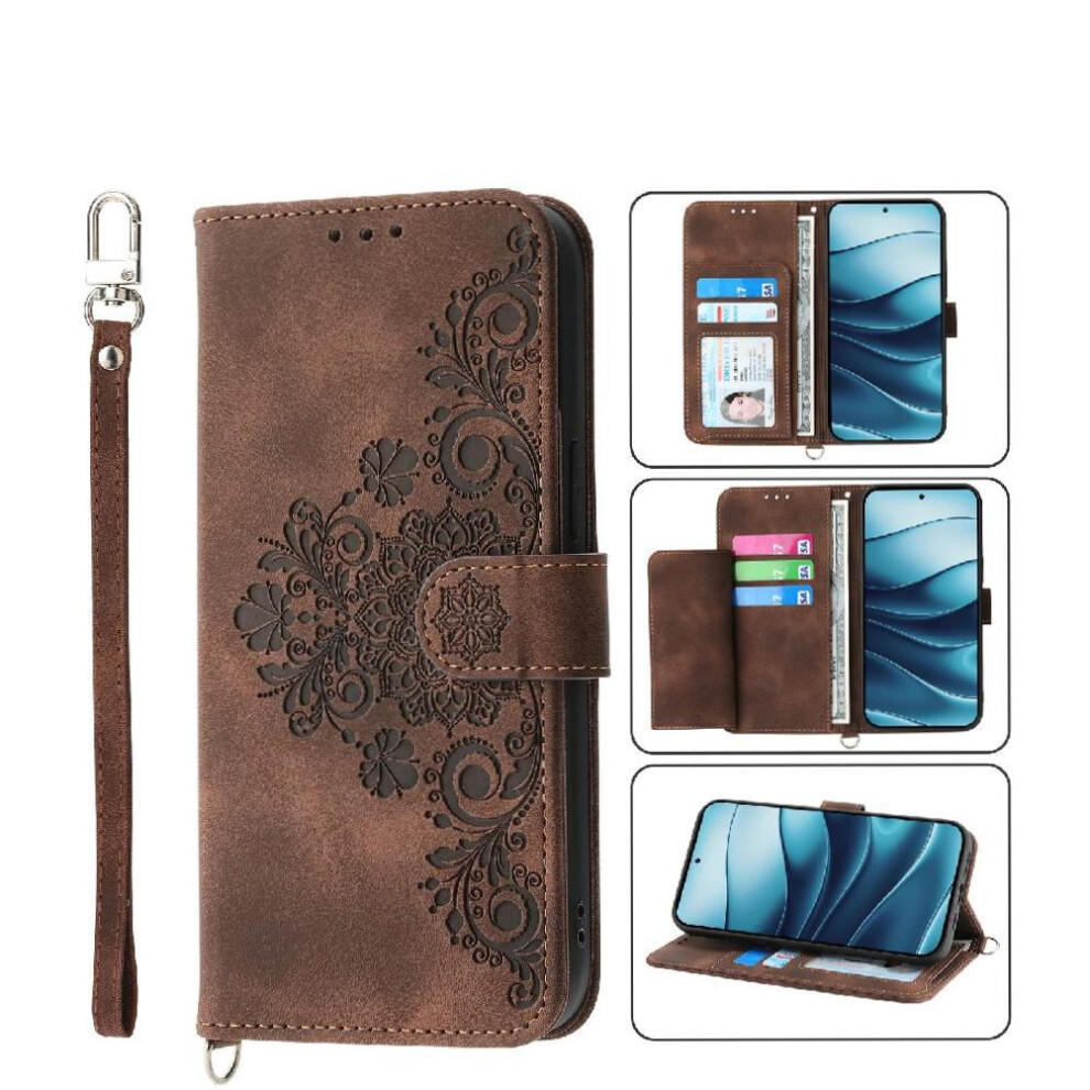 (Brown) Flip Case For Xiaomi Redmi Note 14 4G Shockproof Embossed Multiple Credit Card Slots Wristband Brown 764563595358