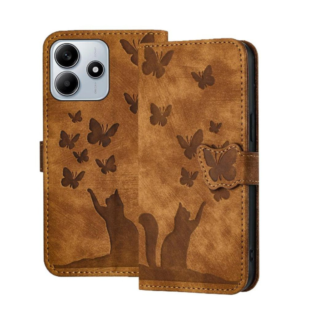 (Brown) Flip Case For Xiaomi Redmi Note 14 4G Holder Cover Card Pocket Embossed Butterfly Cat Brown 764563594306