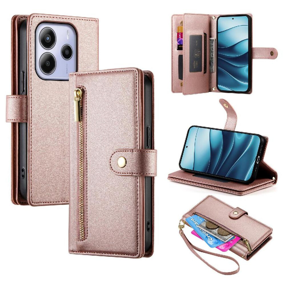 (Pink) Flip Case For Xiaomi Redmi Note 14 4G Multifunctional Stand Business Wallet Crossbody Strap Pink 764563595464