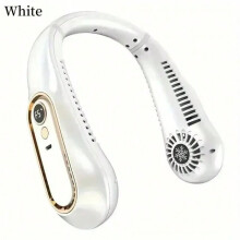 (White) Portable fan hanging around the neck, 5-speed USB cooler and digital screen, powerful technology and fanless design