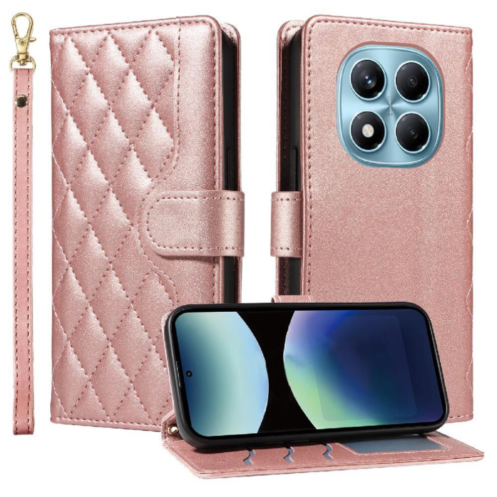 (Pink) Flip Case For Xiaomi Redmi Note 14 Pro 4G Detachable Wrist Strap And Long Lanyard Wallet Card Slots Lattice Flip Folio Phone Case With Stand Pink 764563597116