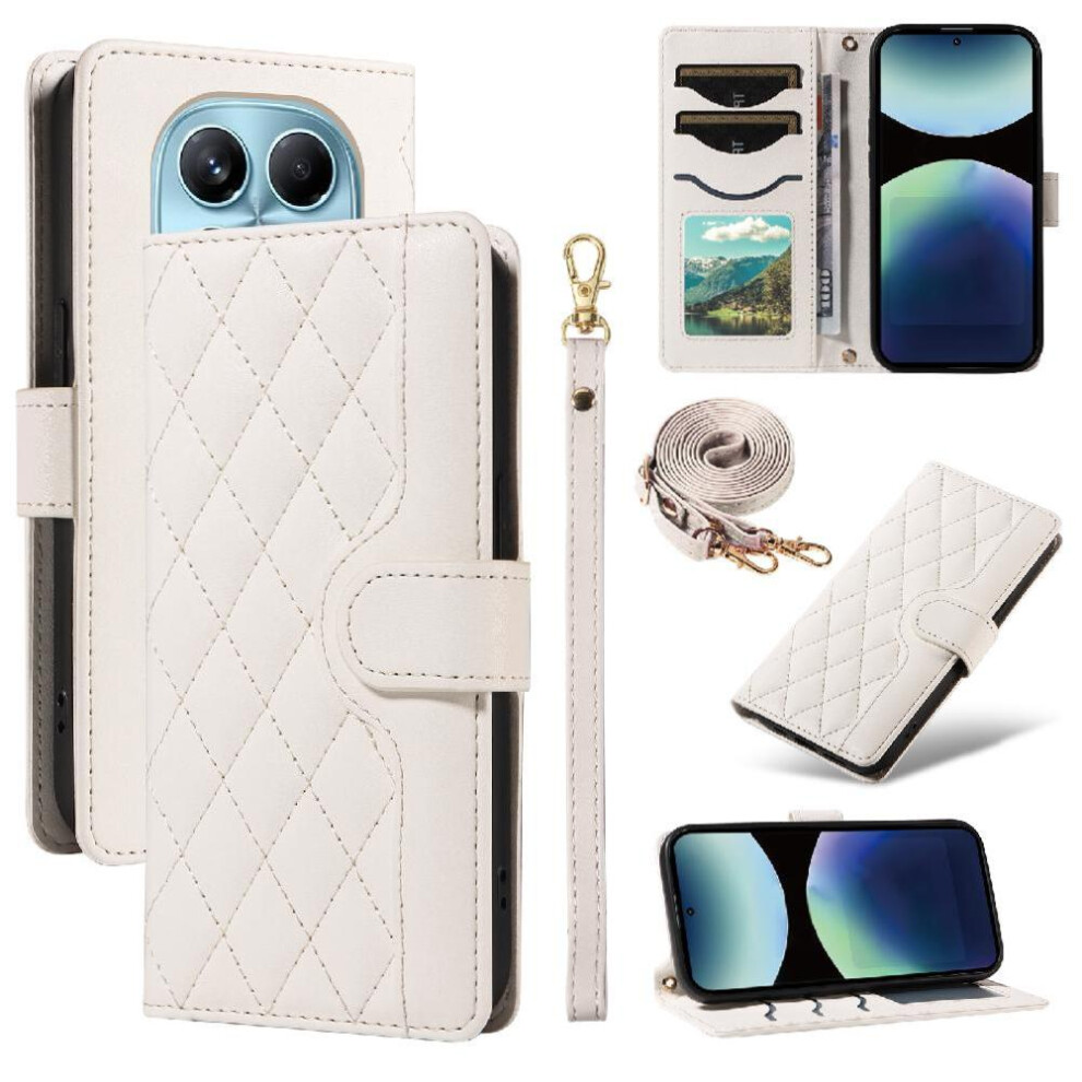 (White) Flip Case For Xiaomi Redmi Note 14 Pro 4G Detachable Wrist Strap And Long Lanyard Wallet Card Slots Lattice Flip Folio Phone Case With Stand White 764563597185