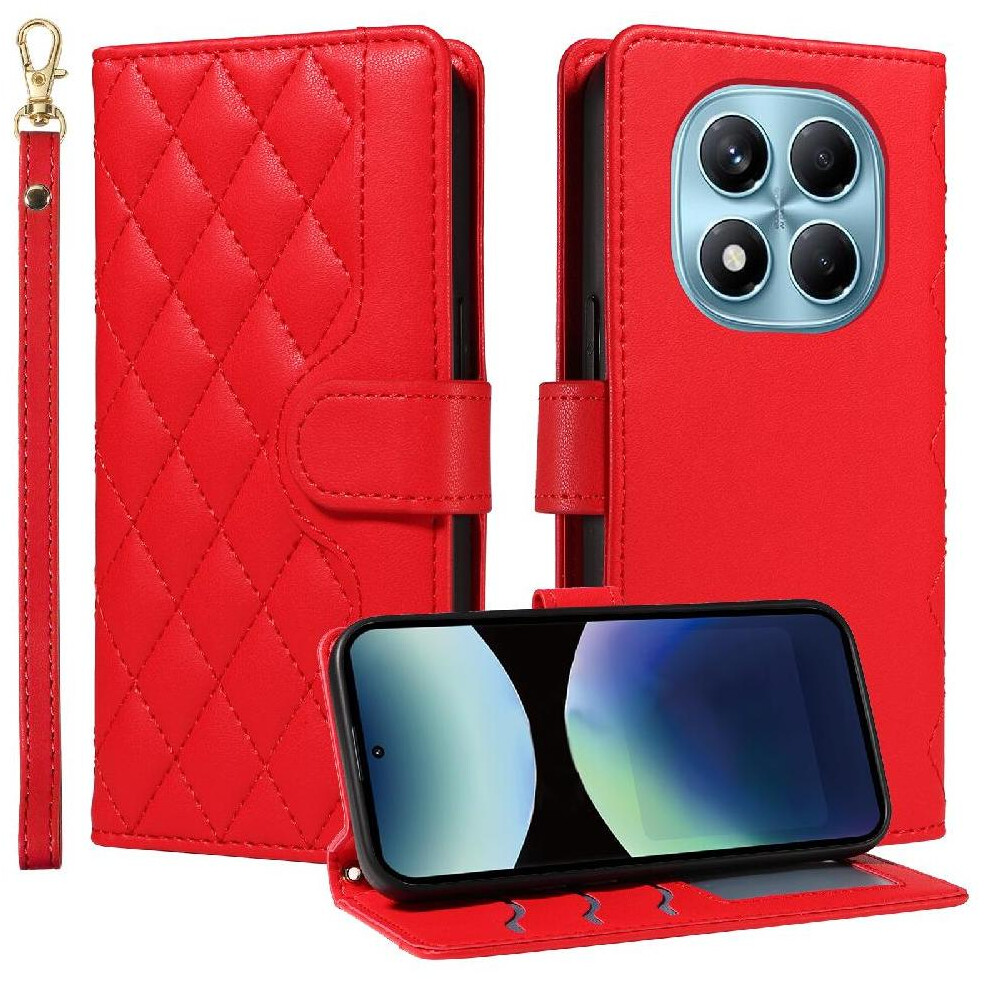 (Red) Flip Case For Xiaomi Mi Note 14 Pro 4G Detachable Wrist Strap And Long Lanyard Wallet Card Slots Lattice Flip Folio Phone Case With Stand Red 764563597147