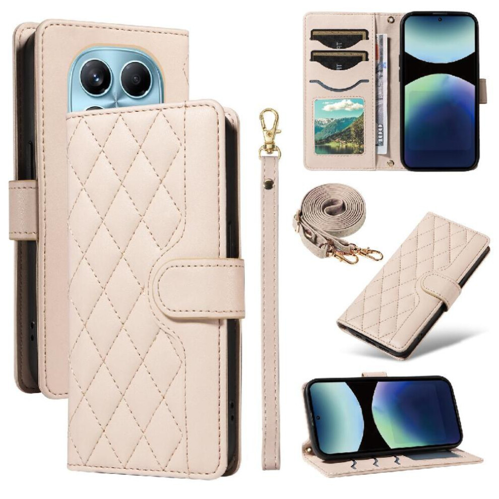 (Creamy ) Flip Case For Xiaomi Redmi Note 14 Pro 4G Detachable Wrist Strap And Long Lanyard Wallet Card Slots Lattice Flip Folio Phone Case With White 764563597154