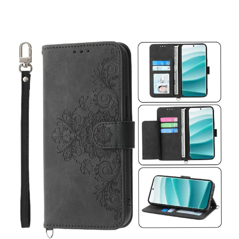 (Black) Flip Case For Xiaomi Redmi Note 14 Pro 4G Embossed Shockproof Wristband Multiple Credit Card Slots Black 764563597277