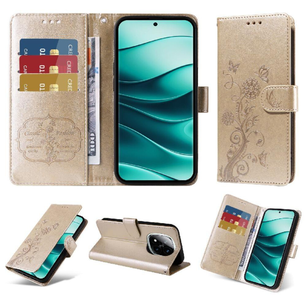 (Gold) Flip Case For Xiaomi Redmi Note 14 Pro 5G Cardslots Leather Flower Flip Gold 764563600151