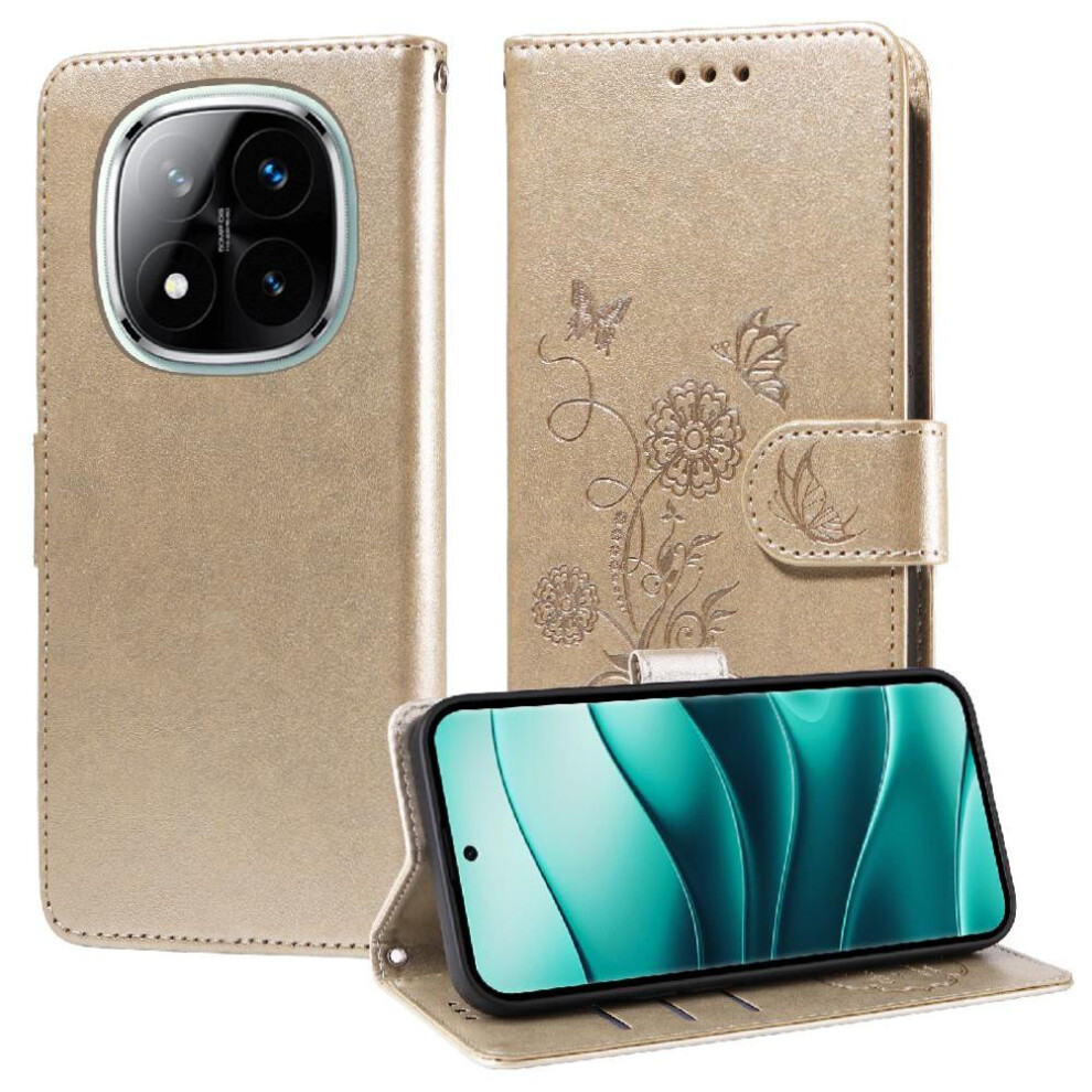 (Gold) Flip Case For Xiaomi Redmi Note 14 Pro Plus 5G Flower Leather Flip Cardslots Gold 764563600106