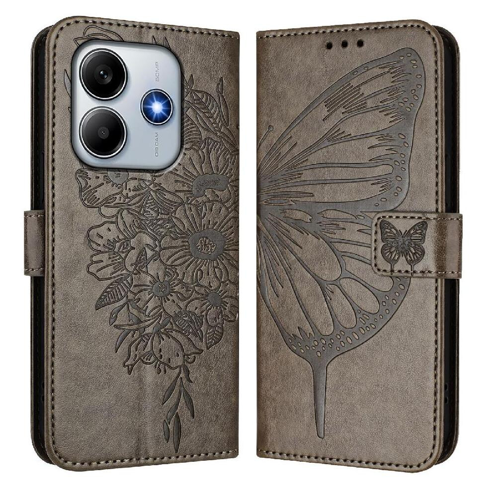 ( ) Case For Xiaomi Redmi Note 14 5G Premium Leather Magnetic Flip Cover Embossing Butterfly Gray 764563601455