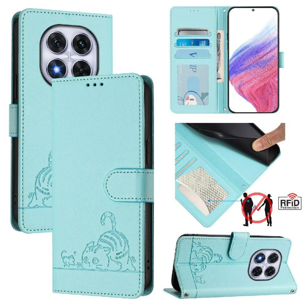 (Green) Case For Xiaomi Redmi Note 14 Pro 4G Wallet Flip Cover Cat Rfid Card Slot Holder Kickstand Green 764563602407