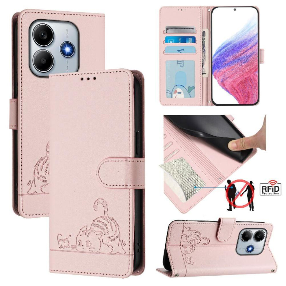 (Pink) Case For Xiaomi Redmi Note 14 5G Wallet Flip Cover Cat Rfid Card Slot Holder Kickstand Pink 764563602469