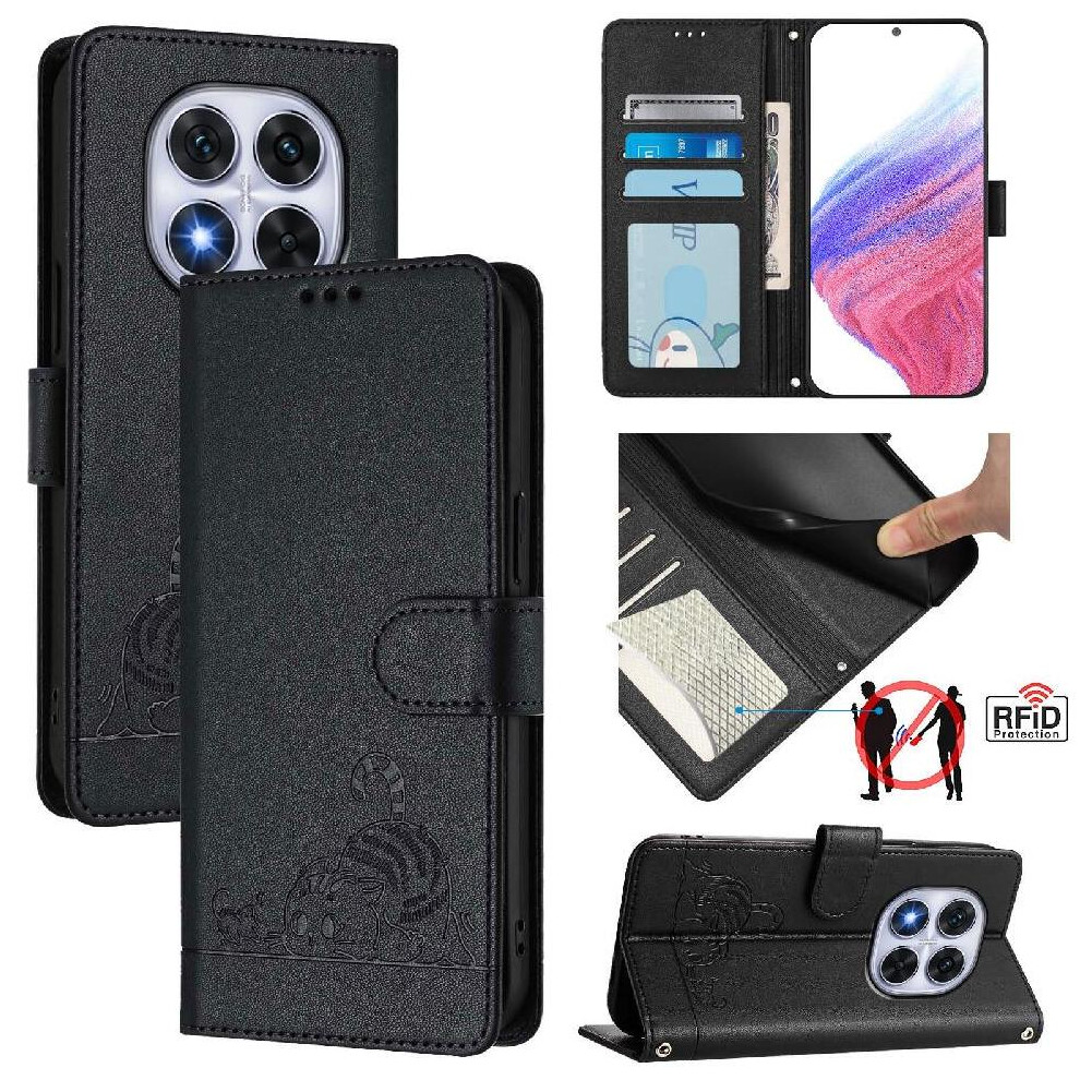 (Black) Case For Xiaomi Redmi Note 14 Pro 5G Card Slot Holder Kickstand Wallet Flip Cover Cat Rfid Black 764563603497
