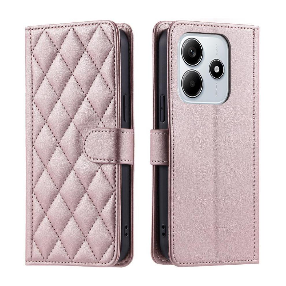 (Pink) Phone Case for Xiaomi Redmi Note 14 5g Magnetic Flip Folio Wallet Hand Strap Lattice Card Slots Holder-image-OPC-PHMFFQC-NEW