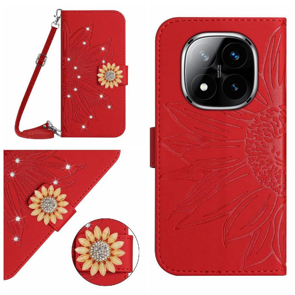 (Red) Flip Case For Xiaomi Mi Note 14 Pro Plus Kickstand Protective With Card Slot Stand With A Long Lanyard Sunflower Leather Wallet Red 764563605019