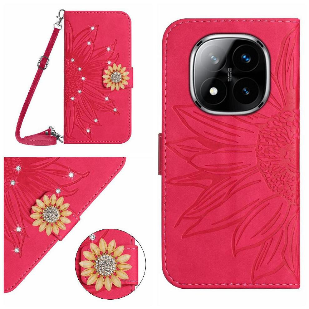 (Rose ) Flip Case For Xiaomi Mi Note 14 Pro Plus Kickstand Protective With Card Slot Stand With A Long Lanyard Sunflower Leather Wallet Red 764563605071