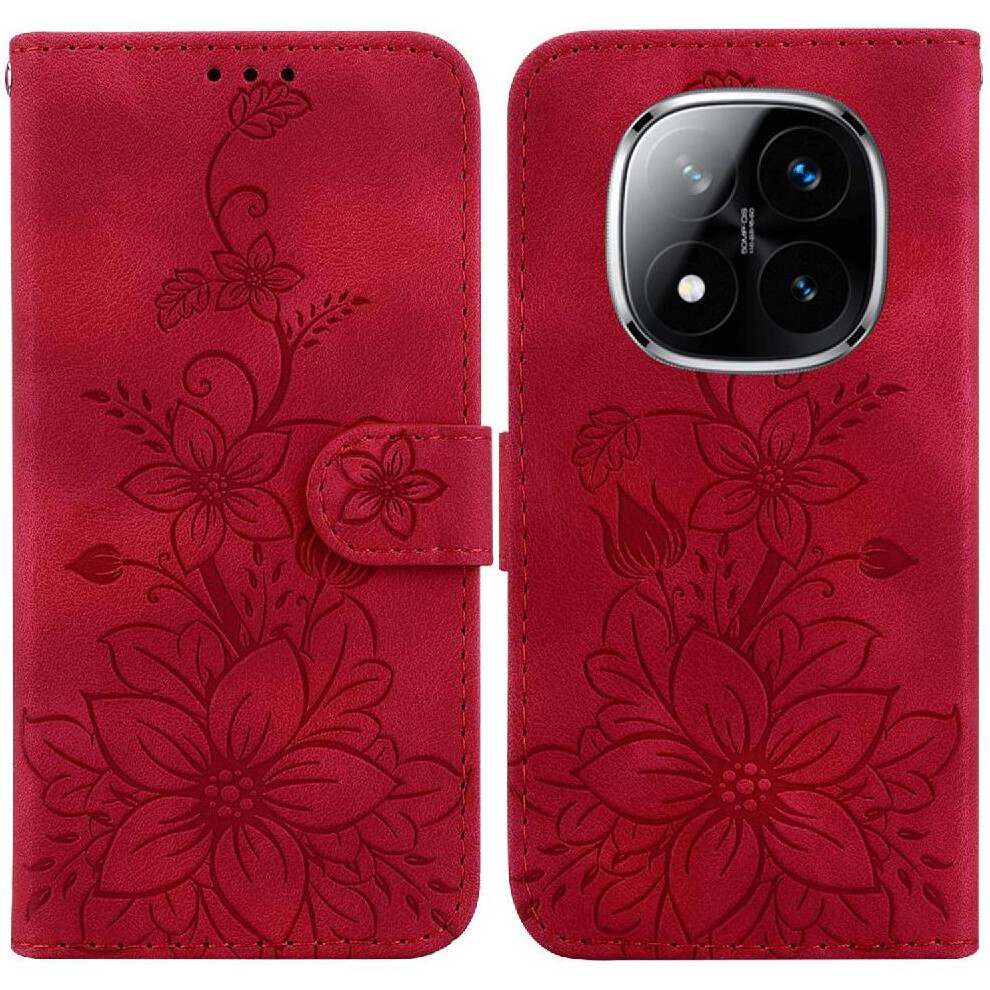 (Red) Flip Case For Xiaomi Mi Note 14 Pro Plus 5G Magnetic Kickstand Card Holder Wallet Embossed Lily Red 764563607877