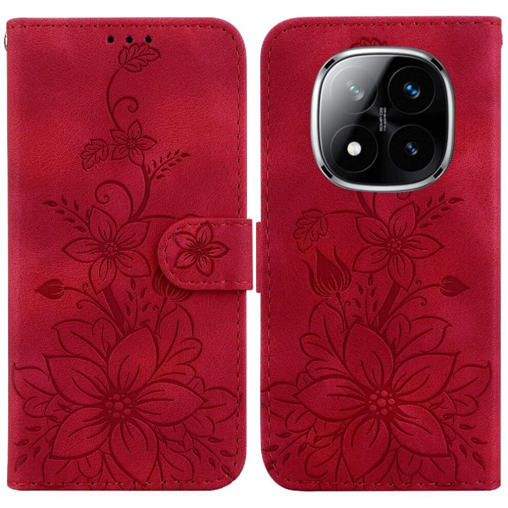 (Red) Flip Case For Xiaomi Mi Note 14 Pro 5G Magnetic Embossed Lily Kickstand Wallet Card Holder Red 764563607938