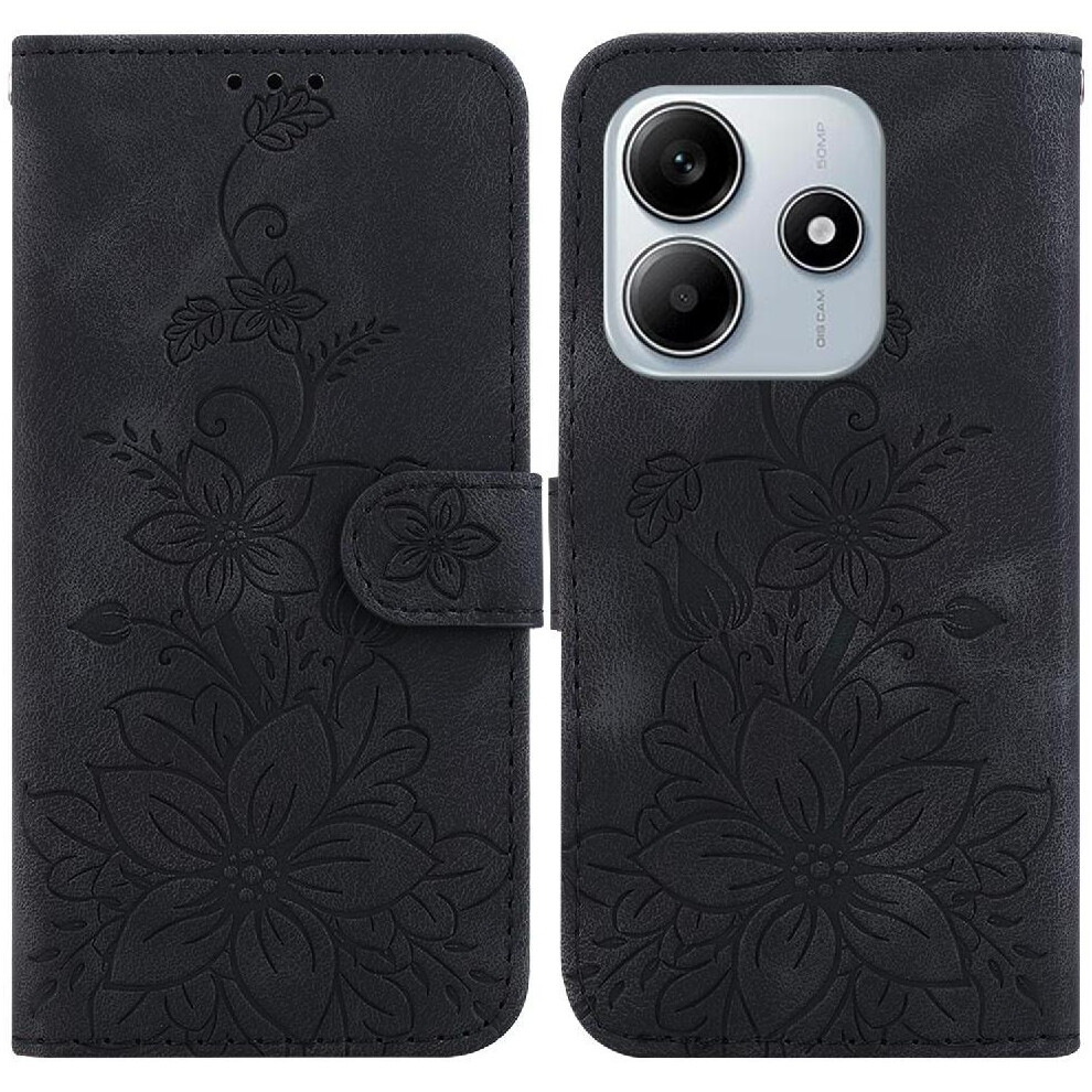 (Black) Flip Case For Xiaomi Redmi Note 14 5G Wallet Card Holder Embossed Lily Kickstand Magnetic Black 764563608003