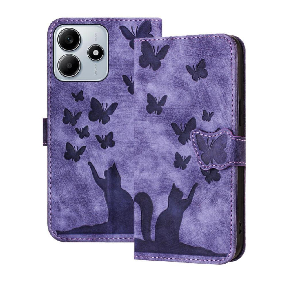 (Purple) Flip Case For Xiaomi Redmi Note 14 5G Embossed Butterfly Cat Card Pocket Holder Cover Wallet Case Flip Folio Purple 764563608706