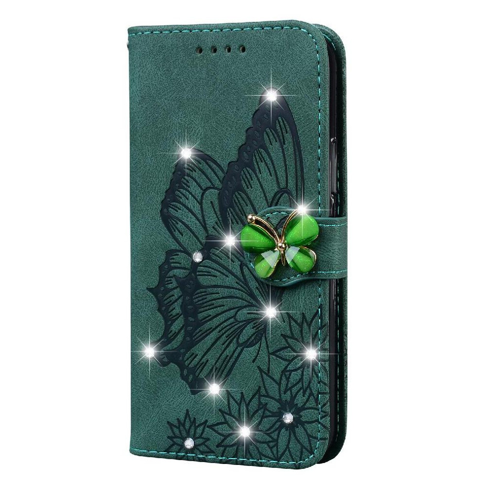 Photos - Case  Flip  for Xiaomi Redmi Note 14 5g Big Butterfly with Diamonds Kickstand Protective with Card Slot Stand Leather(Green)