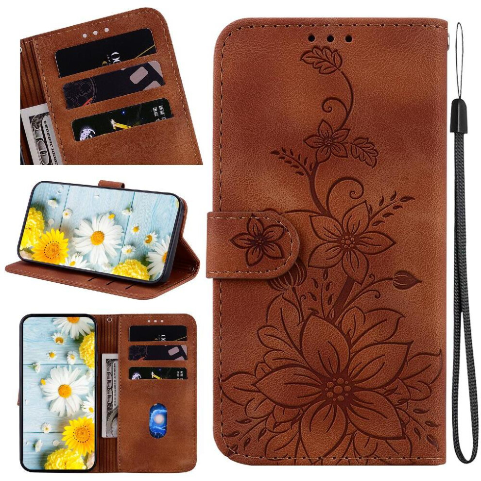 (Brown) Flip Case For Xiaomi Redmi Note 14S 4G Wallet Kickstand Magnetic Embossed Lily Card Holder Brown 764563609543