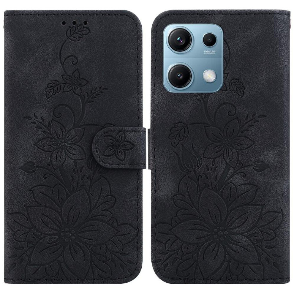 (Black) Flip Case For Xiaomi Redmi Note 14S 4G Wallet Kickstand Magnetic Embossed Lily Card Holder Black 764563609581