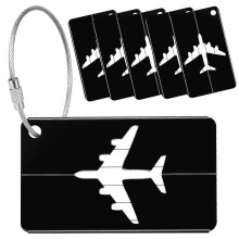 (As show, One size) Aluminum Luggage Tags - 6-Pack Waterproof PVC Stainless Steel Cable Name Address Tags (Black)