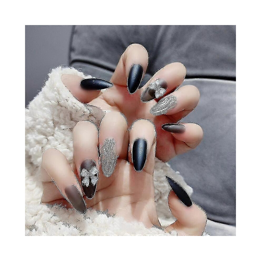 Kikidex (As Show, One Size) 24Pcs Clear Bow Nail Patch Sweet Style Removable Long Paragraph Manicure Save