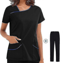 (L, Black) Women Hospital Workwear Uniforms Doctor Nurse Blouse Short Sleeve Tops Pants Suit