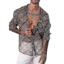 (2XL, One size) Men's Casual Dense Mesh Printed Breathable See Through Shirt-