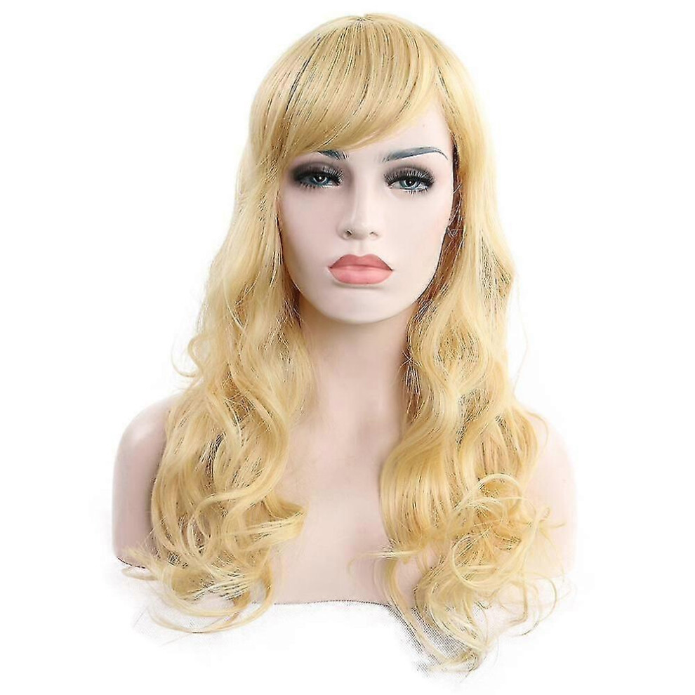Kikidex Unisex Light/Gold (As Show, One Size) Ladies Slant Bangs Long Wave Wig For Women