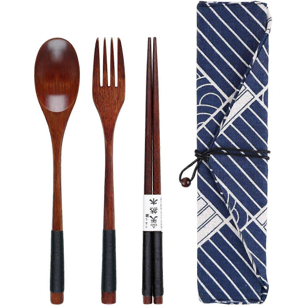(As Show, One Size) 3 Piece Wooden Cutlery Set With Beautiful Storage Bag, Portable Eco-Friendly Spoon, Fork And Chopsticks Reusable Cutlery 4632026618493