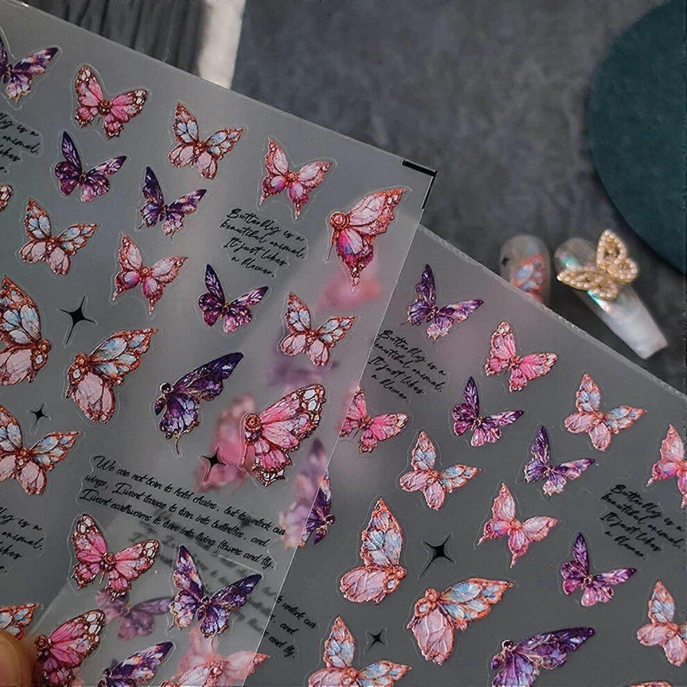 Pink (As Show, One Size) Butterfly Nail Art Stickers Decals,5D Butterfly Nail Stickers,Acrylic Engraved Nail Decals 5D Realistic Embossed Butterfly 3