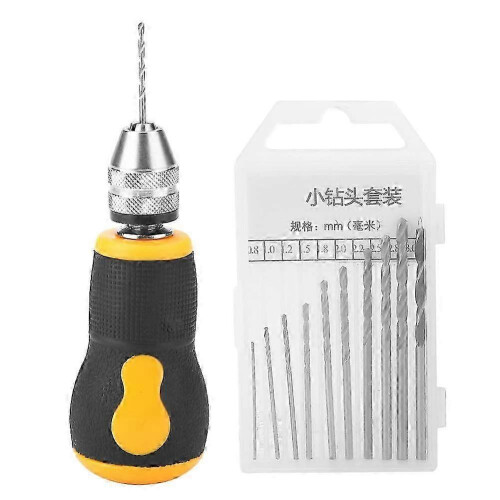 (As show, One size) Mini Hand Drill Kit with 10 Twist Drill Bits (0.8-3.0mm) - Portable Tools