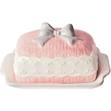 (As show, One size) Ceramic butter dish with bow, non-slip lid and handle, suitable for counter or refrigerator, butter tray rack with lid for butter storage, pink