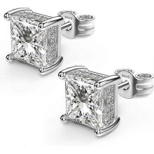 (As show, One size) 18K White Gold Plated Sterling Silver Princess Cut Cubic Zirconia Stud Earrings Square Simulated Diamond CZ Stud Earrings for Women Men Hypoallergenic
