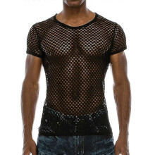 (L, One size) Men's Mesh See Through Fishnet T-shirt Sexy