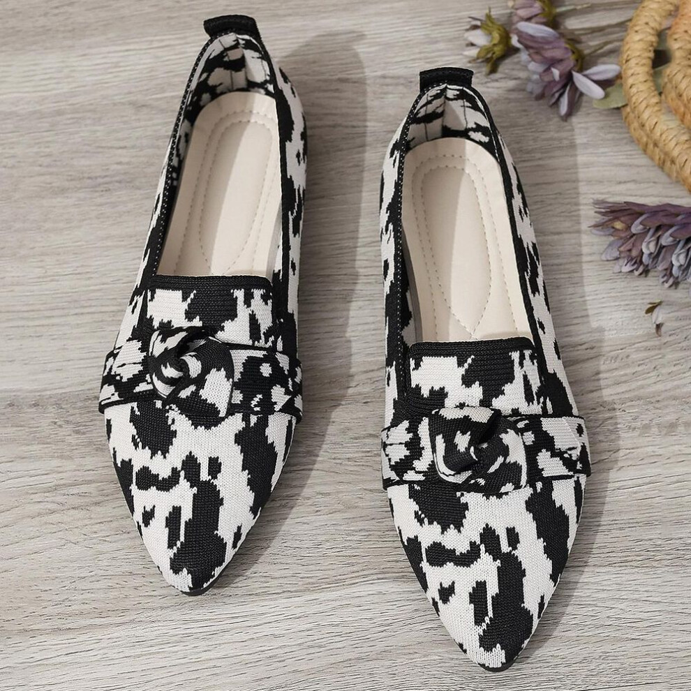 (black,white, 36) Sharp Pointed Plus Size 43 Flat Sole Single Shoes For Women, Bow Tie Casual Breathable Women's Shoes